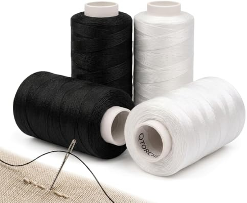 QTORCHE Lot de 4 Fils à Coudre (2 Noirs + 2 Blancs) - 1400m Polyester Haute Résistance pour Machine à Coudre et Main - Fil Universel pour Vêtements, Lingerie et Réparations