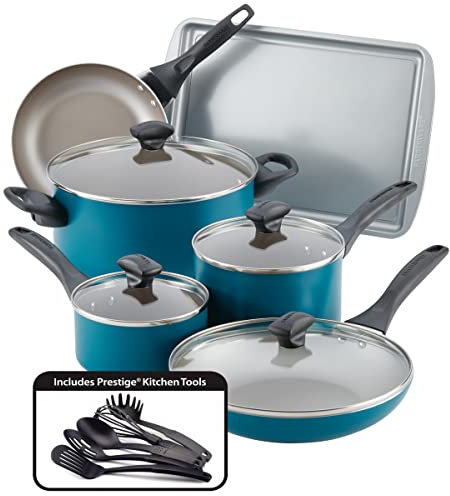 Farberware Dishwasher Safe Nonstick Cookware Pots and Pans Set, 15 Piece, Teal