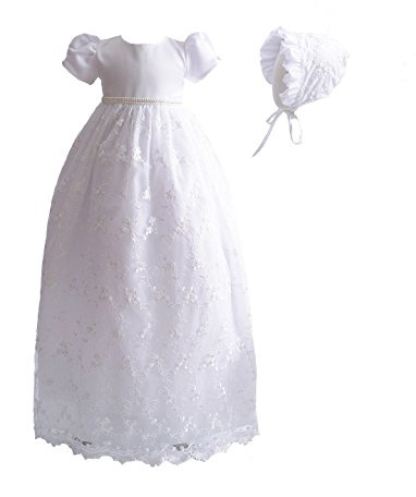 Cinda Robe de baptême Longue en Dentelle pour Filles avec Bonnet Blanc 6-9 Mois