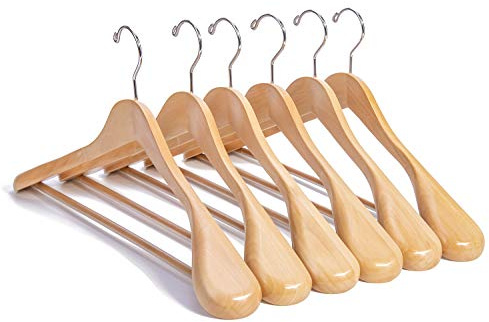 Nature Smile Luxury Natural Wooden Suit Hangers - 6 Pack - Wood Coat Hangers,Jacket Outerwear Shirt Hangers,Glossy Finish with Extra-Wide Shoulder, 360 Degree Swivel Hooks & Anti-Slip Bar with Screw