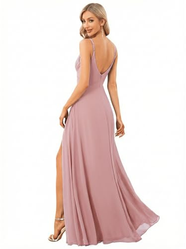 Ever-Pretty Women's Summer Sexy Backless Spaghetti Straps V-Neck Slit Floor Length Chiffon Bridesmaid Dresses Formal Dress Dusty Rose US12