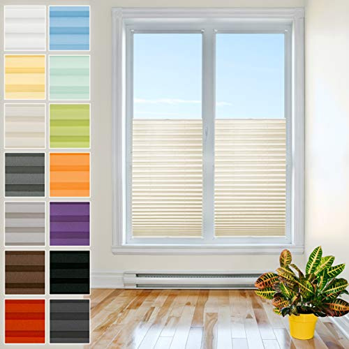 Plisart Premium Estor plisado Klemmfix sin agujeros, crema 85x120cm, protección solar, translúcido, fácil de instalar, estores plisados para ventanas, estores plegables, persianas para sujetar