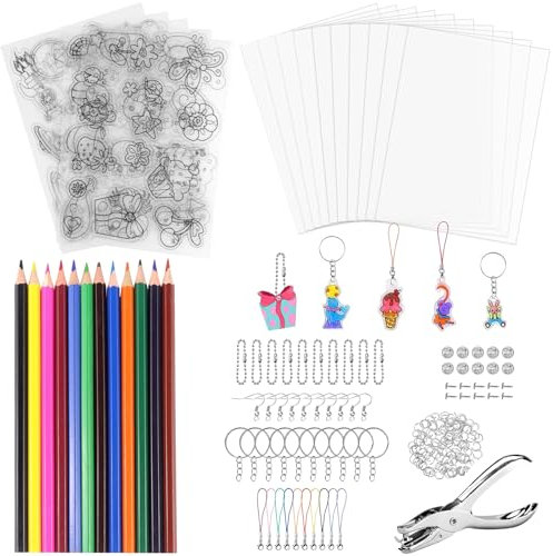 GKZB Schrumpffolie Set Schrumpfpapier Schrumpfplastikblatt183 Stück Schrumpffolie Zum Basteln Mit Muster, Lochung, Schlüsselanhänger, Bleistifte Für Diy,Schrumpffolien Set Für Kinder