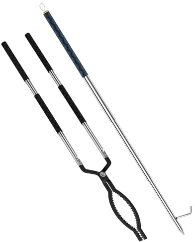 RAOMEIDE Feuerzange für Feuerstelle im Freien, robuste Brennholzgreifer aus Edelstahl, 104 cm, Kaminzange und 124 cm Feuerschürhaken Sets für den Innenbereich