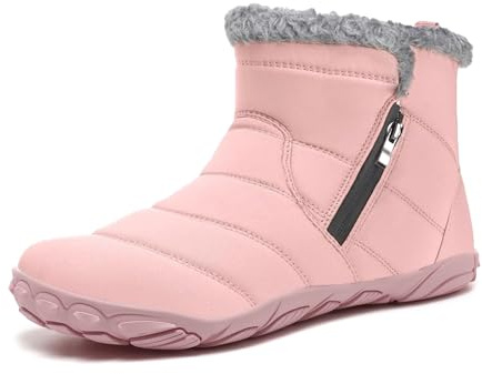 Bravover Barefoot Bottes de Neige Femme Homme Chaussures de Pieds Nus Doublée Cheville Chaude Bottines Zip Latéral Plat Short Femme Chaussures de Marche Antidérapantes Rose EU38