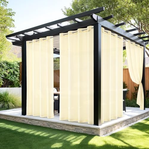MIULEE Tende per Esterni Impermeabile con Occhielli 2 Pannelli, Tende da Esterno in Voile Semi-Trasparenti per Giardino, Balcone e Gazebo, Beige 132×215cm