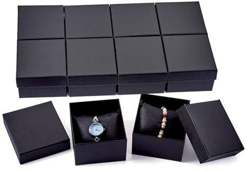 Sparkeads Lot de 12 boîtes en carton pour bracelets et montres, petites boîtes de rangement avec coussin pour homme et femme, anniversaire, mariage, 8,3 x 8,4 cm (noir)