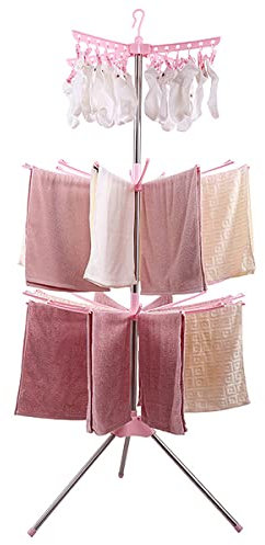 Tendedero de ropa plegable plegable paraguas de interior en pie, tendedero vertical de metal con 24 clips de poco espacio, tendedero exterior giratorio 360, para balcón salón, rosa, RVVUP