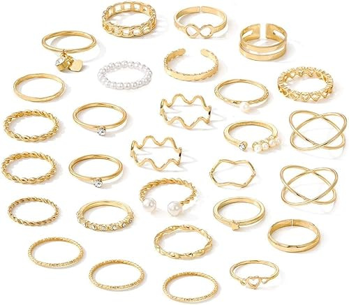 XFSRG 29 Pezzi Set Anelli Donna Assortiti Geometrici Intrecciati Cuore Infinito Perla Cristallo Impilabili Regolabili Eleganti