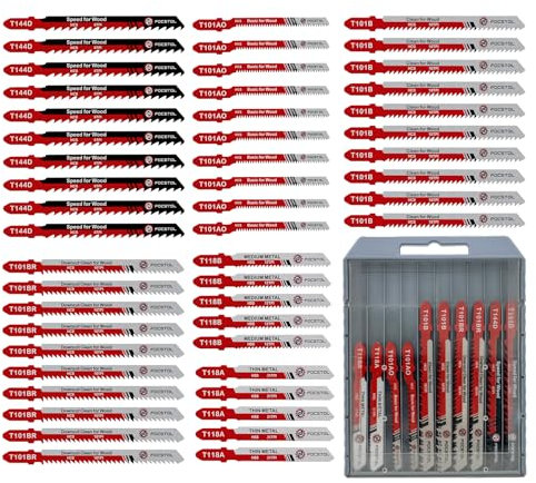 FOCSTOL Juego de Hojas de Sierra de Calar - 50 Piezas HSS/HCS Cuchillas Caladora para Cortar Metal, Madera, Plástico (T118A,T118B,T101AO,T101B,T101BR,T144D)