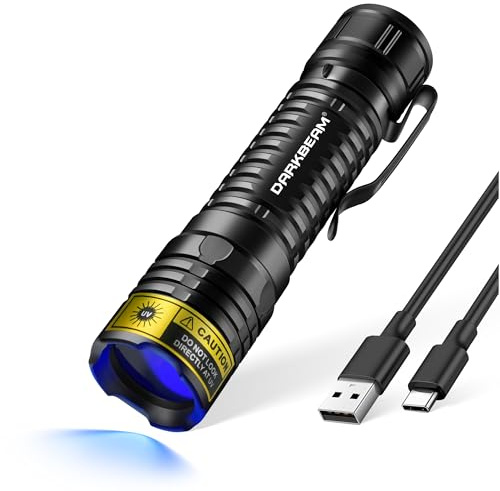 DARKBEAM Torcia UV 365nm LED Torce Luce Nera Ultravioletta, Lampada di Wood Mini ma potente Portatile USB -C Ricaricabile, Rivelatore di urina per gatti, per vetro Uranio, Minerali, Ambra, Resina