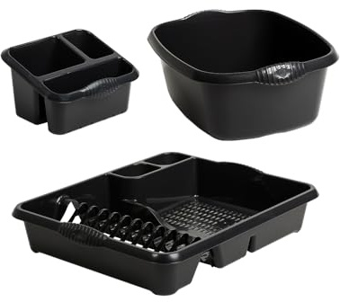 TENLITE All-in-One Plastic Kitchen Sink Set - 39cm Rectangular Washing Up Bowl, Large Dish Drainer & Sink Tidy for Modern Kitchens, Utility Rooms & Caravans - (Midnight Greyish)