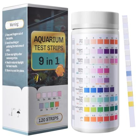 PYPABL Bandelettes de Test pour Aquarium 9 en 1, 120 Bandes Kit de Test d’Eau d’Aquarium, Rapide et Précis pour Aquariums d’Eau Douce et de Mer, détecte Fe CU NO₃ NO₂ Cl₂ GH TA KH pH