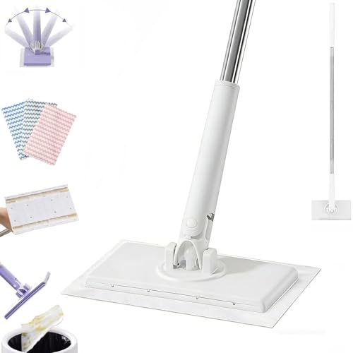 Mini fregona Snap Grip, Zero Touch, cambio automático de tela, mopa giratoria de 360° en húmedo y seco con diseño de clip para baño, cocina y limpieza de paredes (1 mopa blanca + 5 paños, 70 cm)