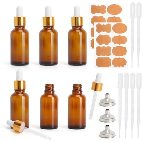 Pipettflaska 30 ml droppflaska brun glasflaska med pipett, set om 6 brunt glas pipettflaska flaska med pipett läckagesäker UV-skydd för eterisk olja aromaterapi gör-det-själv reseset