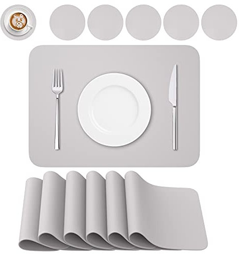 BANNIO 6er Set Tischsets Abwaschbar,Abwischbar Lederoptik Platzset und Untersetzer,Wasserdicht PVC Platzdeckchen Tischset für Hause Küche Restaurant und Hotel,41x31cm,Hellgrau