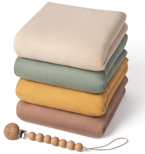 Moonkie Muslin Swaddle Blanket, Essentials Baby Empfangsdecke für Mädchen und Jungen, Säugling tragbar Swaddling Set, 47 x 47 Zoll, 4 Pack (Light Sea Green/Fall Yellow/Beige/Natural)