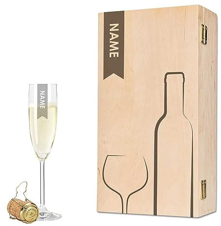 GRAVURZEILE Leonardo – Calice da spumante inciso elegante – Personalizzato con nome con scatola di legno – Bicchiere da spumante personalizzato come regalo per lui e per lei