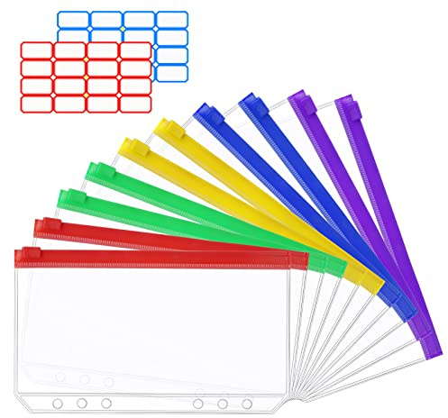 Vicloon Bolsas de Carpeta A6 Plástico, 10 Pcs Carpetas de Plástico de Cremallera Bolsas, con Etiquetas Adhesivas, Impermeables de Hojas Sueltas Translúcidas de 6 Agujeros, para Documentos Cuadernos