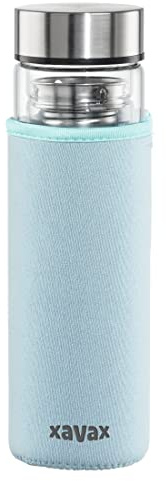 Xavax | Botella de cristal de 450ml con funda protectora (Mantiene la temperatura 2h, Con un colador de té, Hermético, Apto para bebidas carbonatadas y para alimentos), Transparente