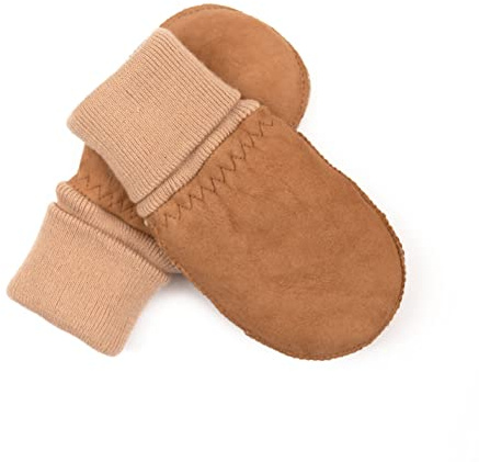 Hand Gewand by Weikert MUCKEL - Guanti in pelliccia di agnello, foderati con pratica fascia in maglia, conciati in modo sostenibile, per bambini, naturale, Taglia unica