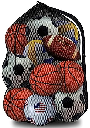 Labreccos Heavy Duty Mesh Ball Bag, Sports Equipment Storage Organizer Hold for Soccer, Basketball, Volleyball,Football, Volleyball,BaseBall and Swimming Gears with Adjustable Strap (Black-A)
