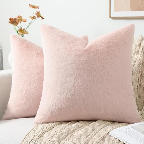 Pallene Faux Fur Decorative Throw Pillow Covers 18x18 Set of 2, Blush Pink