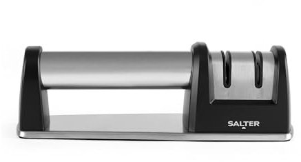 Salter Manual Knife Sharpener – 2-Stage Sharpening System, Tungsten Steel, Ceramic Rod for Fine Polishing, Easy Grip Handle, for Dull and Blunt Knives, Kitchen Knives, Non-Slip Base, Stainless Steel