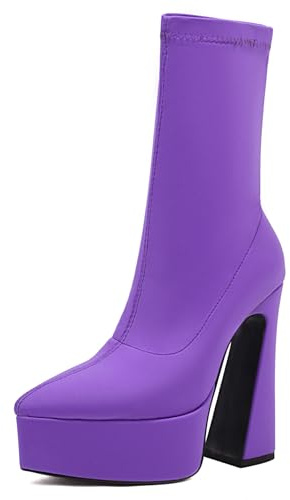 Lroey Reoly Botines Mujer Tacón Bloque, Stretch Botín Puntiagudo Tacón Alto Botines Sin Cordones con Plataforma, J12743Bd Purpura Talla 43 EU