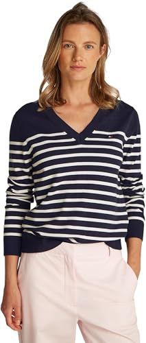 Tommy Hilfiger Pullover Donna Jersey V-Neck Pullover in Maglia, Multicolore (Dark Night Navy/Ivory Petal STP), M