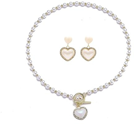 Bröllop pärla hjärta halsband örhängen set kristall fjäril rosett halsband uppsättningar brud strass rosett knut tofsar kedja smycken för kvinnor, Konstgjord pärla Legerat stål
