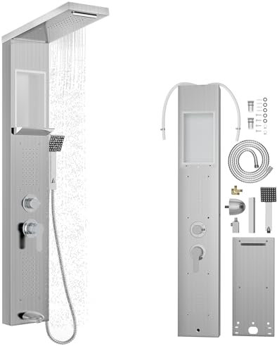 SUBTLETY Panel de ducha de acero inoxidable 5 en 1, columna de ducha con cabezal de ducha de lluvia, cascada, chorros de masaje, ducha de mano y entrada de bañera, ducha de lluvia con grifo, juego