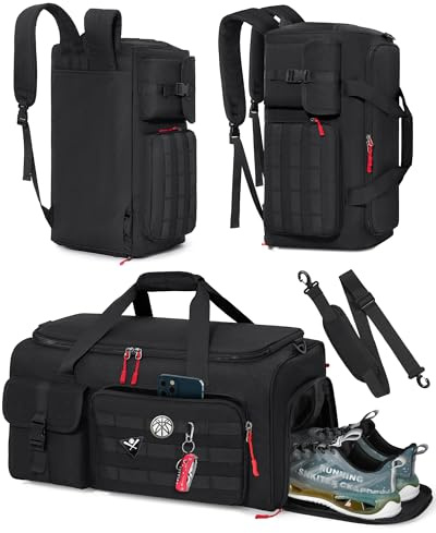 RAINSMORE Gym Bag for Men, 45L Sports Travel Duffel Bag with Shoe & Laptop Compartment, Gym Workout Backpack Carry On Weekender Bag Overnight Backpack for Travel, Black
