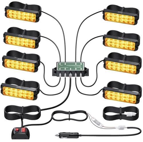 EYPINS Strobolyktor för fordon 8 st LED-lampor med 12 chips vardera, 8 blinkningslägen, IP65, 12V/24V-adapter godkänd för lastbil, traktor, bil