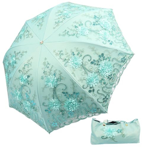 ShaqMars lace parasol umbrella Folding Anti-uv Sunshade Vintage Embroidered Sun Protection, Azure, 95 x 65 cm, Classic