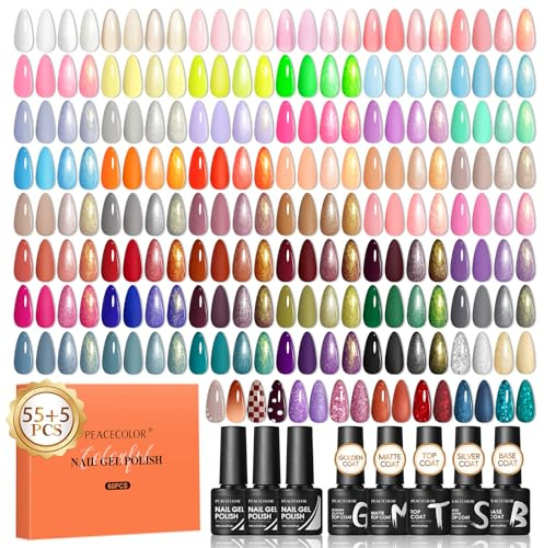 PEACECOLOR 60PCs Gel Nail Polish Set 55 Colors Gel Polish Kit with Glossy/Matte/Glitter 5Pcs Top Coat & Base Coat Soak Off U V Lamp Glitter Pink White Spring Summer Nail Kit Gifts for Women