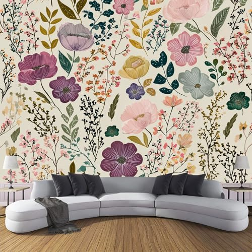 3D Photo Wallpaper Plants and Flowers 350×256cm (WxH) ，Cream Mural Silk Wall Decor Flowers and Leaves Print Silk Cloth Mural Wallpaper for Living Room Bedroom Wall Decor