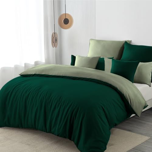 Nesture Biancheria da letto 135 x 200 cm, 3 pezzi, verde scuro/verde salvia, biancheria da letto double-face, in microfibra, 135 x 200 cm, morbida e stirata, 1 copripiumino + 1 federa 80 x 80 cm + 1