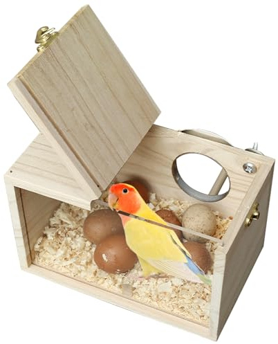 Caja nido para periquitos, agujero izquierdo, pajarera de madera, diseño transparente, nido, cría de aves, para periquitos, loros (12 x 12 x 19,5 cm)