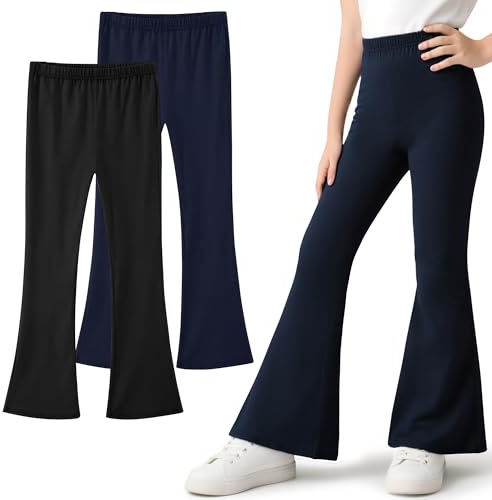 Domueay Acampanados Leggings para Niña, Pack de 2, Niñas Algodón Suaves y Transpirable Mallas Elásticos Deportivas Bootcut Pantalones Legging Casual Ropa 11-12 Años, Negro&Azul Marino