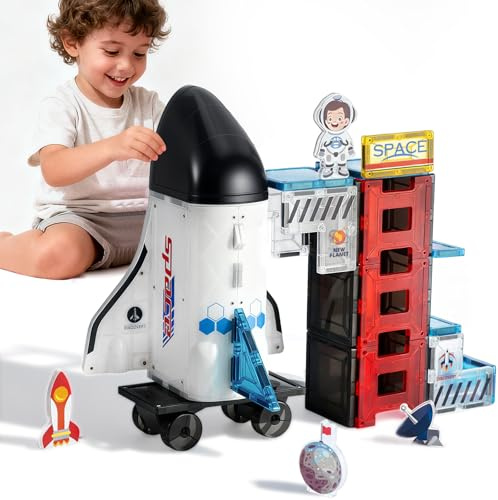 VROGTIK Space Magnetic Tiles for Kids, 30 Piece STEM Magnetic Building Blocks Set, Rocket Ship Space Station Educational Construction Toy with Astronaut Figure for Boys Girls Ages 3-8