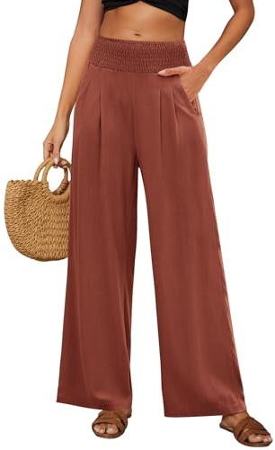 PASUDA Pantalon Femme Été Lin Pantalons Taille Haute Elastique Ample Pantacourt Coton Grande Longueur Palazzo Pants Jambe Large Fluide Droit Décontractée avec Poches (Rouge Brique, XL)