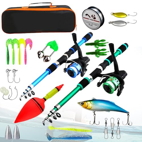 Juego de pesca para niños, 2 piezas de caña de pescar para niños con carrete de línea de pesca y cebo, caña de pescar telescópica de 1,8 m, juego de iniciación para niños con bolsa, juego de pesca