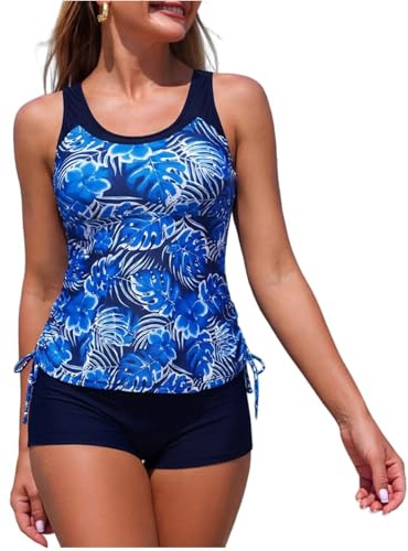 Conjunto de tankini para mujer con control de abdomen de 2 piezas, traje de baño de cintura alta con pantalones cortos, traje de baño acolchado con cuello redondo, traje de baño deportivo con lazo