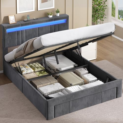 AOGLLATI Polsterbett 140x200 mit Stauraum Jugendbett 140×200 mit Steckdosen und LED-Beleuchtung, Höhenverstellbares Kopfteil, 30cm Hydraulischer Stauraum & Große Schublade, Ohne Matratze (Gray)