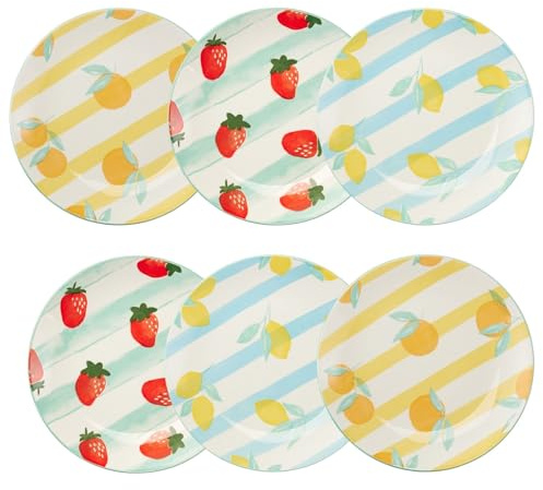 Carousel Home Set of 6 Side Plates, 19.5cm Ceramic Plates Summer Fruit Design for Picnic, BBQ and AL Fresco Dining