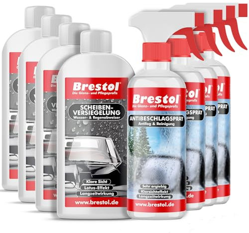 Brestol ® Antibeschlagspray + Scheibenversiegelung Set3 (4X 250 ml + 4X 300 ml)- Wasserabweiser Regenabweiser Antifog Antibeschlag Abperleffekt Abperl-Effekt Nano Klarsichtspray Antibeschlagmittel