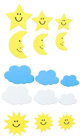 Glorex 6 2247 704 - Moosgummi Sticker Sonne, Mond und Wolken, selbstklebend, 52 Stück, sortiert in 5 Motiven in unterschiedlichen Größen, ideal zum Verzieren von Grußkarten, für Scrapbooking, usw.