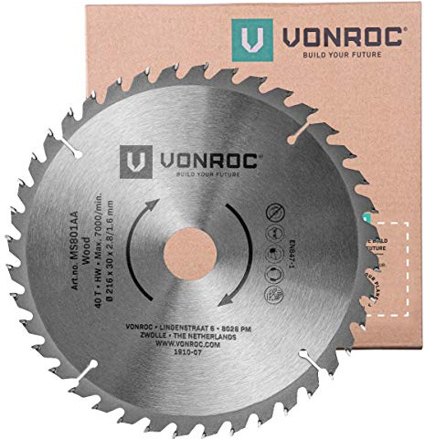 VONROC Kappsägeblatt - Gehrungssägeblatt 216 mm - 40 Zähne – für Holz – Universal - Auch für Tischkreissägen