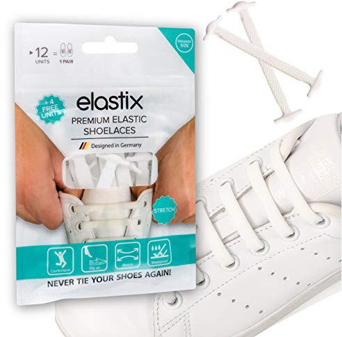 Elastix Sneaker Elastische Schnürsenkel aus Gummi ohne binden für Erwachsene - Schleifenlose Silikon Schuhbänder in Flach für den Freizeit- und Sportbereich - Weiß